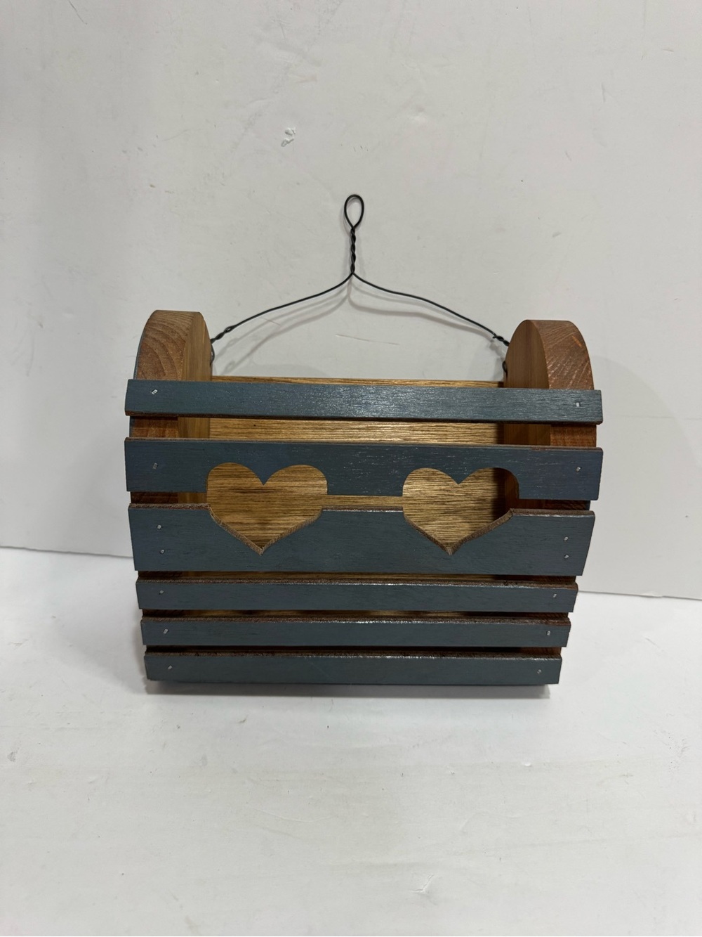 Country Farmhouse Blue Slat Hanging Caddy with Heart Cutouts